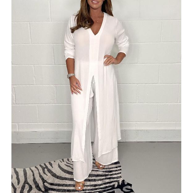 Новый женский модный комплект из длинного топа с разрезом и брюк 2026 S белый