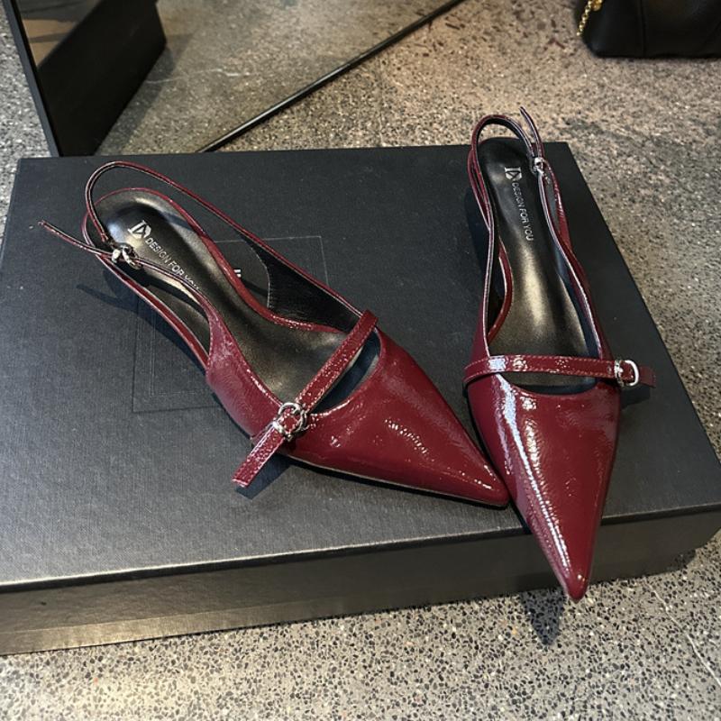 Fashion Patent Leather Thin Heel Pointed Toe Women Sandals 2025 Summer Buckle Low Heel Shallow Dress Shoe Sexy Party BrandsShoes