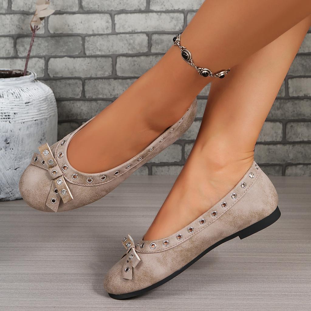 2025 New Women Flats Shoes Round Head Rivet Ballet Loafers Lightweight Mary Jane Single Shoes Summer Bow Flat Sneakers Women