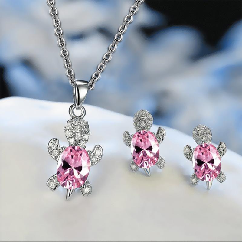 3pcs Silver-plated Necklace Earrings Set Ladies Light Luxury Fashion Style Turtle Shape with Multi Color Glass Diamond