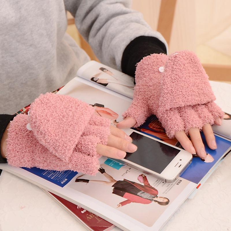Niedliche Korallenfleece-Tau-Halbfinger-Klapp-Tastaturhandschuhe, Damen Herbst- und Winter-verdickte warme Plüschhandschuhe
