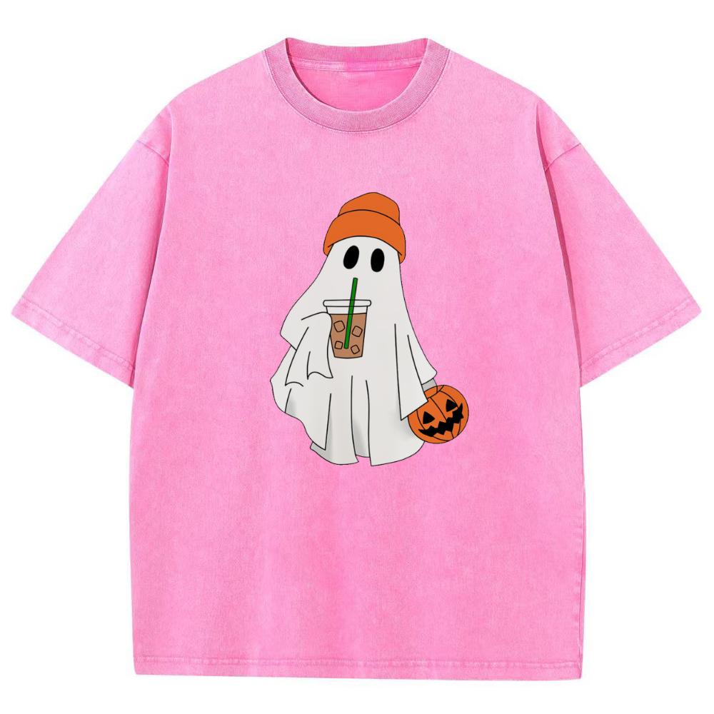 Halloween Pumpkin Ghost Print Women's Washed Oversized T-Shirt Black Stretchy Breathable Short Sleeve Unisex Cute Top