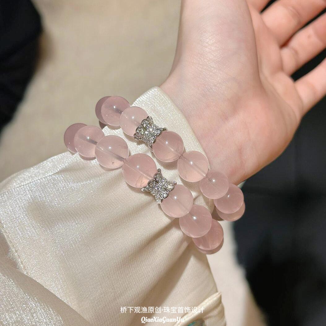 Natural pink crystal peach blossom love bracelet for women, pink crystal bracelet for women, niche style with large beads 10mm
