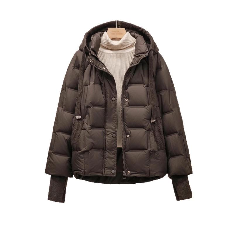 Womens Short Puffer Jacket With Hood White Duck Down Fill Ribbed Cuffs Loose Fit Winter
