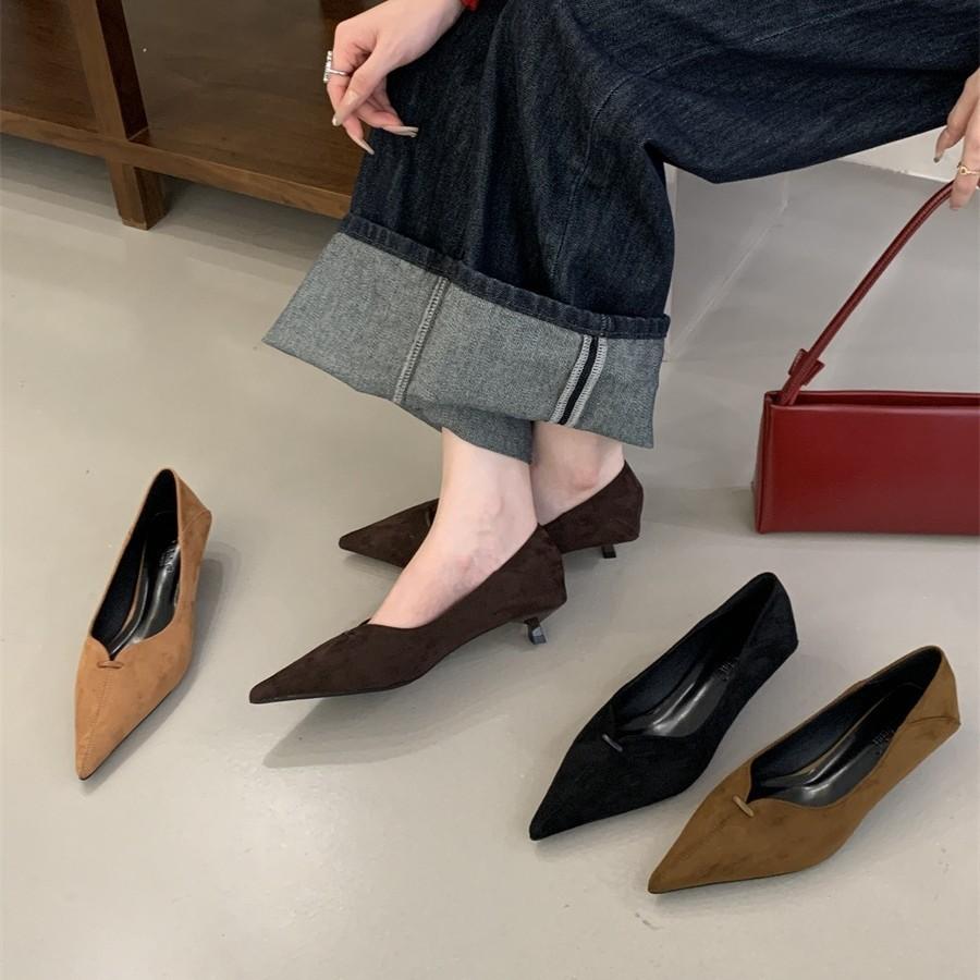 2025 New Pointed Suede Cat Heel High Heels Women's Thin Heel Shallow Mouth Single Shoes Autumn Versatile Professional Work Shoes
