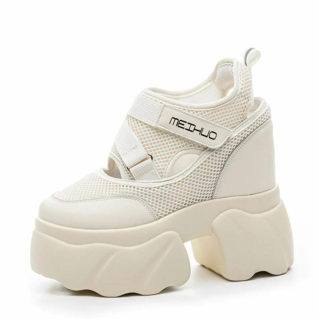 12CM Women Summer Air Mesh Chunky Sneaker Slides Sandals Platform Wedge Microfiber Shoes Mules Shoes Hollow Platform Wedge 2025