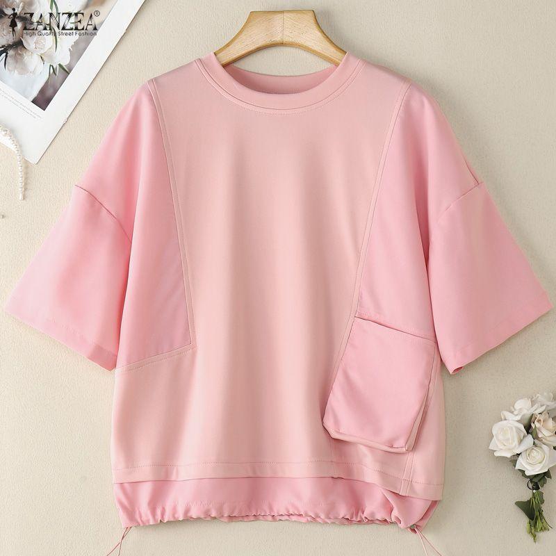 ZANZEA Women Casual Round Neck Summer Short Sleeve Blouse