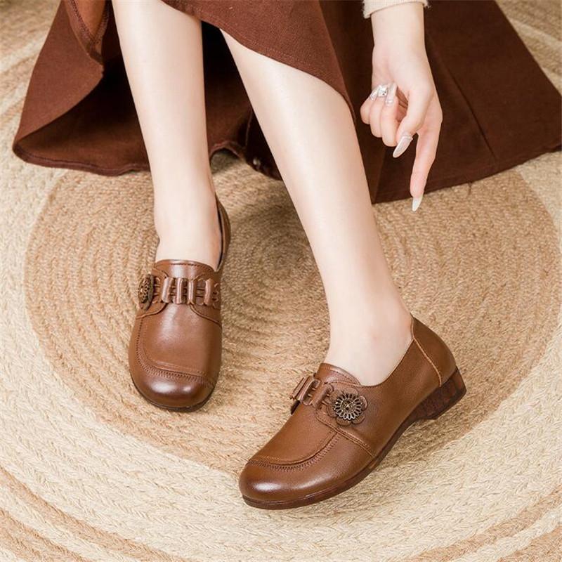 Fashion 2024 Woman Casual Round Toe Low Heeled Shoes Genuine Leather Flats Female Shoes Elegant Ballerina Soft Soled Flat Shoes