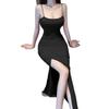 French Pure Desire Off-Shoulder Camisole Slit Dress - Slim Fit, Formal Long Dress with Niche Design.
