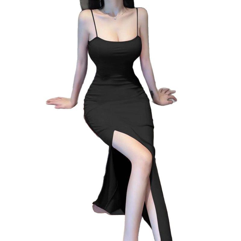 French Pure Desire Off-Shoulder Camisole Slit Dress - Slim Fit, Formal Long Dress with Niche Design.