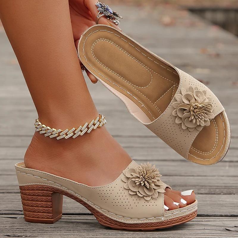 

Fashion Flower Decor Roman Sandals for Women Peep Toe Chunky High Heel Slippers Woman Lightweight Slip On Summer Sandalias De Mujer 2025 36