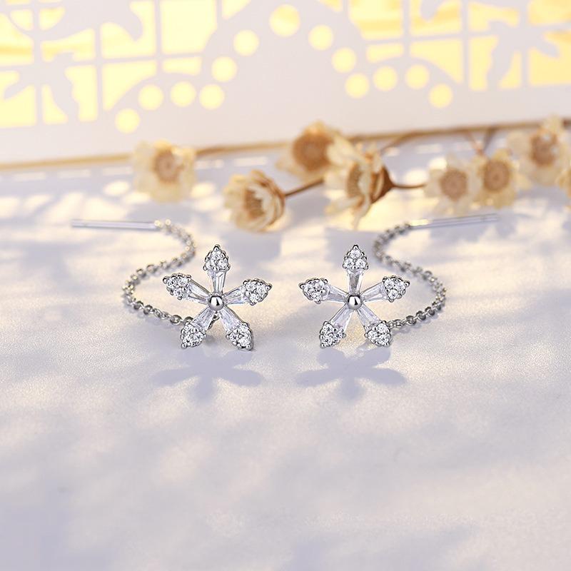 Womens S925 Silver Needle Zircon Flower Long Tassel Dangle Earrings белый