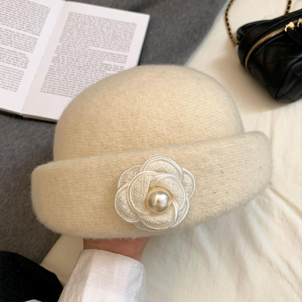 Camellia Flower Hepburn Style Topper Hat Pearl Wool Fisherman Hat Fashion Women Formal Hat Girl