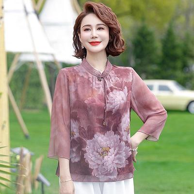 Elegant Silk-Style Blouse, Three-Quarter Sleeve: Summer Top for Middle-Aged Women