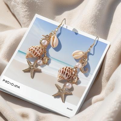 Shell Earrings, Ocean Beach Resort Starfish, Imitation Pearl Conch Starfish Ears