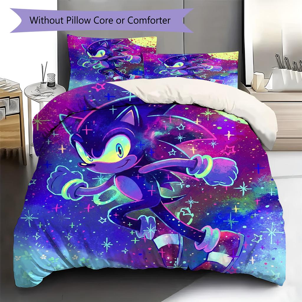 Hedgehog Sonic Pattern Bedding Quilt Set Quilt Cover Pillowcase Home Decoration Birthday Gift (1 * duvet cover + 2 * pillowcase, without core)