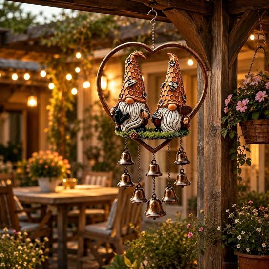 Sunlight Catching Home Decor Heart-Shaped Couple Wind Chime, Honeybee Gnome & Red Bird Outdoor Hanging Decor, Decorative Doorbell