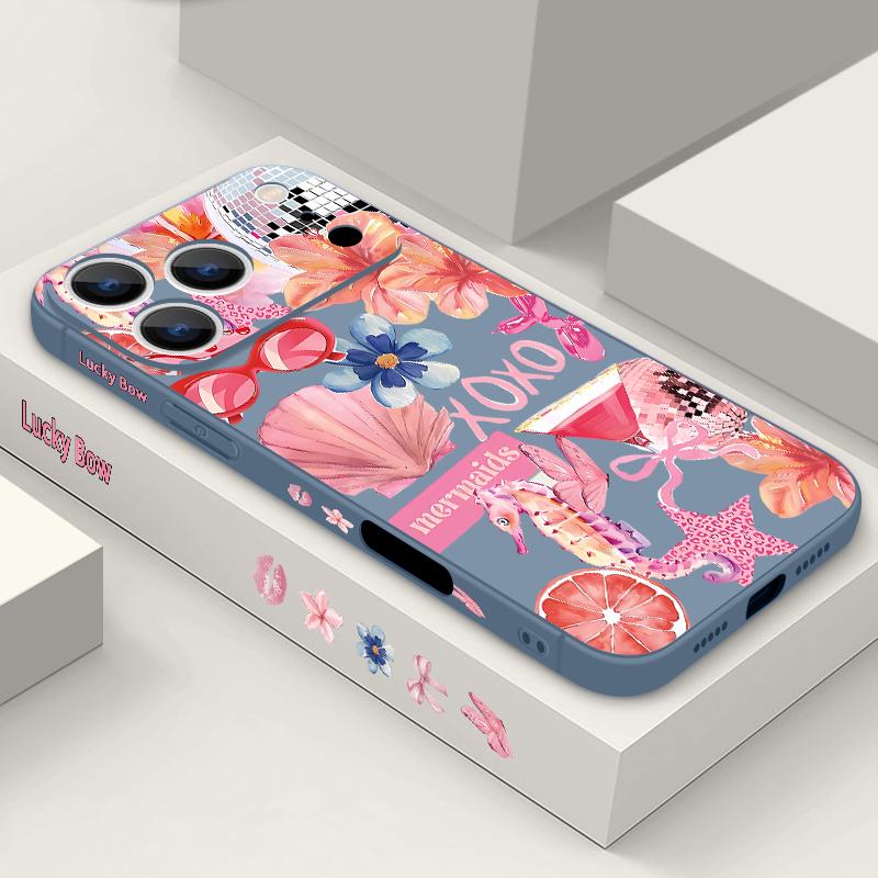 For iPhone 17 Pro Max Case Pink Cartoon Floral Pattern Soft Silicone Lanyard Cover For iPhone 16 Pro Max Cover iPhone 15 14 13 12 11 16E Air