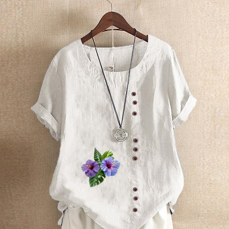 Women's New Fashion Linen Shirt Round Neck Short Sleeve Purple Flowers Printed T-shirt Summer Ladies Casual Plus Size Blouse Tops