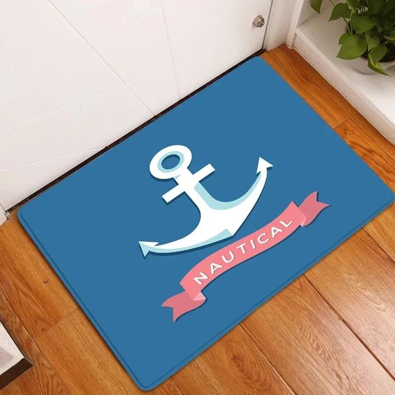 1Pc White Anchor & Navy Blue Nautical Washable Door Mat Non Slip Entrance Floor Carpet Easy To Clean Hallway Bath Kitchen Rug