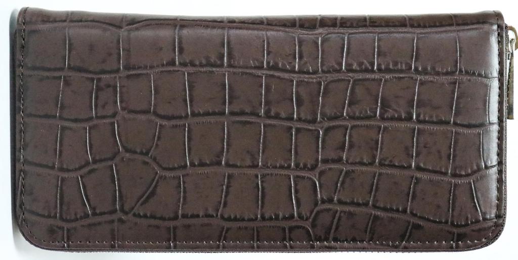 Brown crocodile-embossed wallet for men and women, made from a single piece of genuine alligator leather. Features include a round zipper closure,