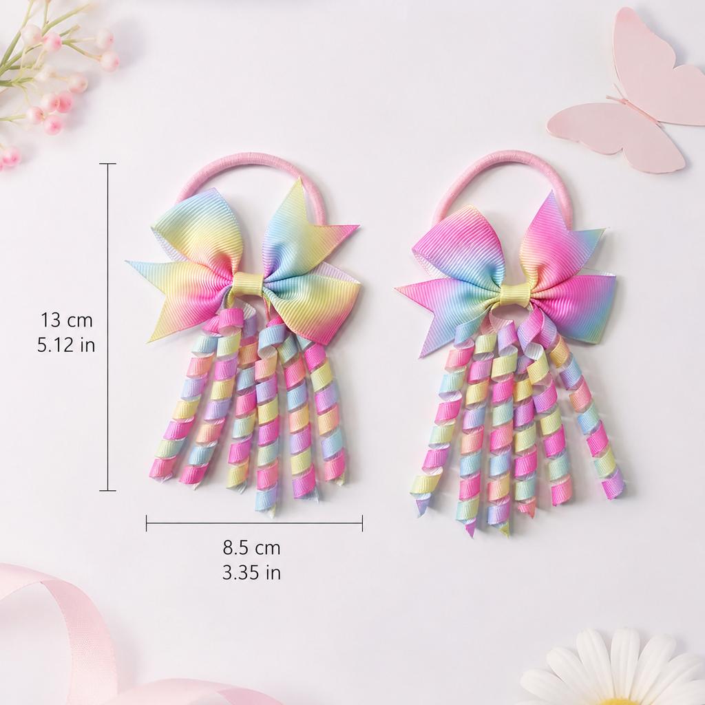 2Pcs Colorful Gradient Grosgrain Ribbon Bow Hair Ties for Kids Girls Curly Tassel Streamer Ponytail Holders Cute Hair Elastics