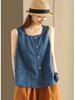 Cotton Linen Sleeveless T-Shirt Summer Casual Button Decoration Vest Loose Top