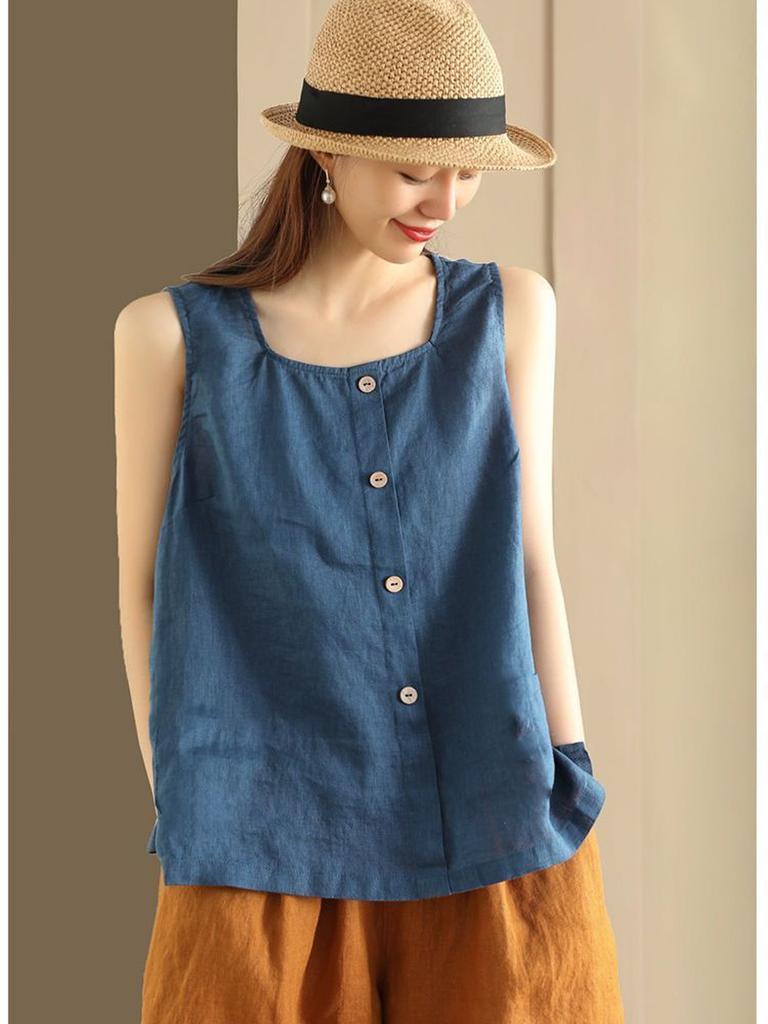 Cotton Linen Sleeveless T-Shirt Summer Casual Button Decoration Vest Loose Top