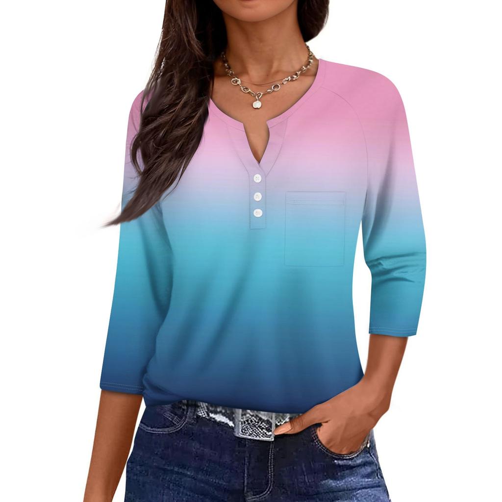 Damen Lässige Mode V-Ausschnitt Locker Vielseitig Farbverlauf Drei-Viertel-Ärmel
