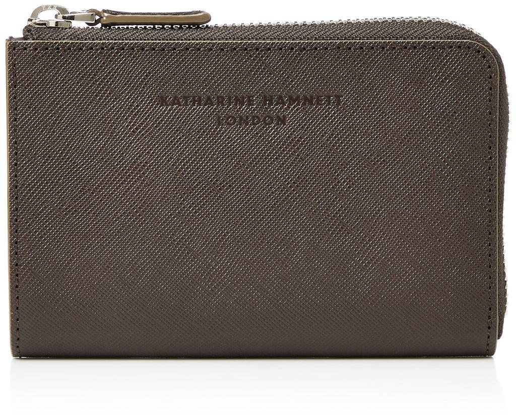 Katharine Hamnett London PRISM Bifold Wallet, Premium Japanese Cow Leather with Prism Embossing, Medium Size, L-Shaped Zipper, Dark Brown, One Size