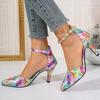 2024 New Women's Shoes Glossy Printed Pointed Toe High Heels Sandals Women's Party Baotou Sexy Patent Leather Stilettos