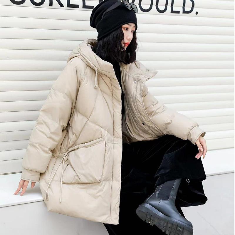 Hooded Puffer Jacket Women Warm Overcoat White Duck Down Loose  Long Winter