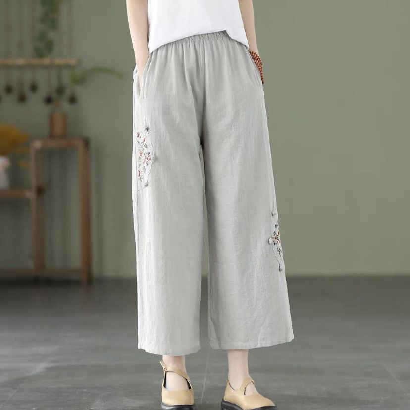 Fashion Women Embroidery High Waist Oversized Pants Summer Cotton Hemp Thin Elastic Band Loose Wide Leg Casual Straight Trousers