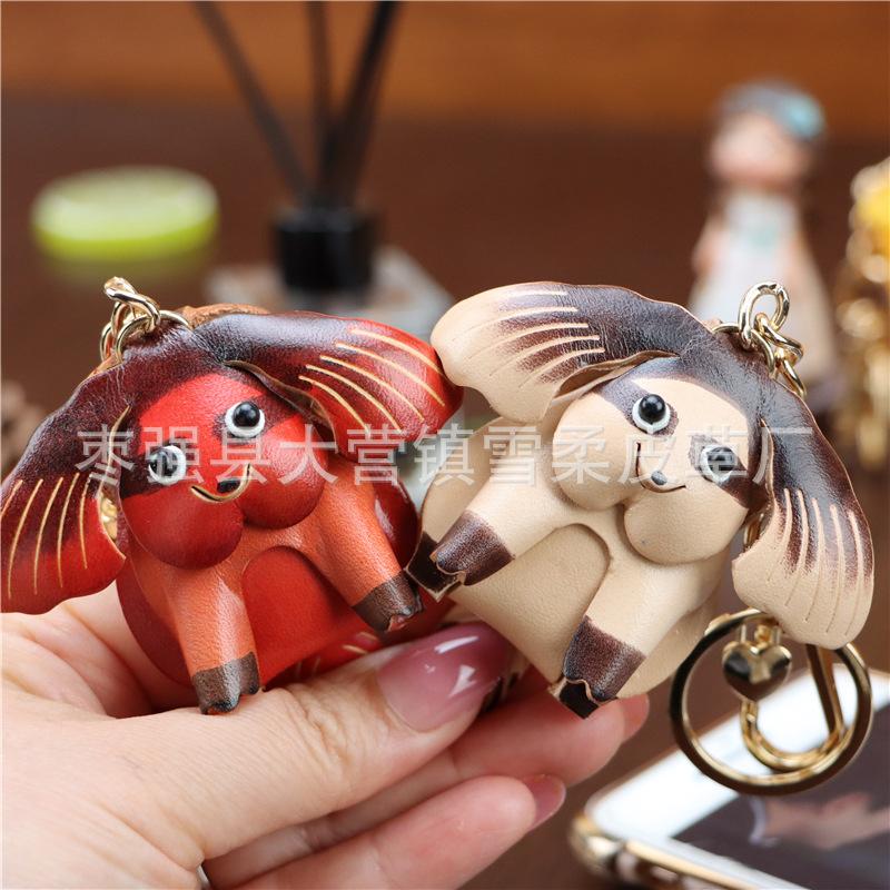 First Layer Cowhide Puppy Pendant Car Keychain Leather Rope Bag Pendant Accessories Zodiac Gifts