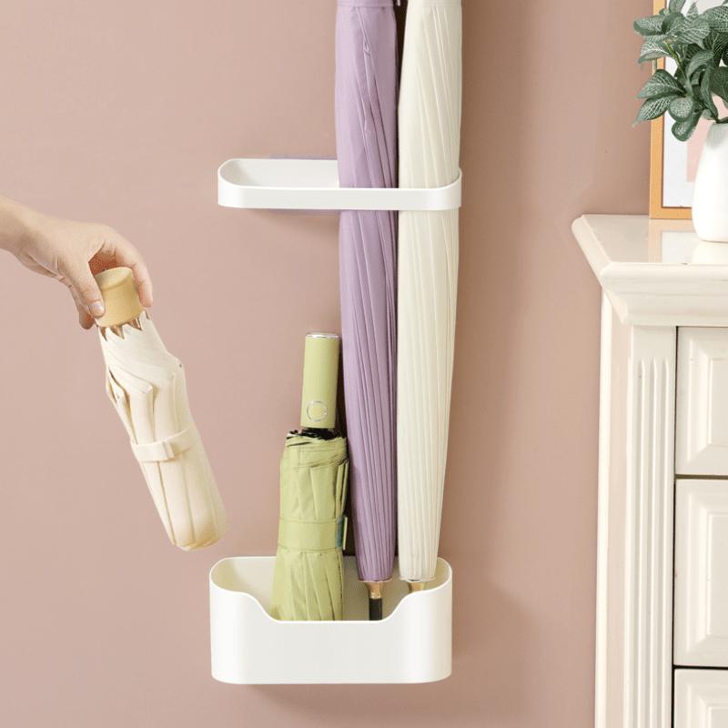 Set of 1/2Pcs No-Drill Wall-Mounted Umbrella Holders with Drip Tray: Contemporary Long-Handle And Folding Umbrella Storage Rack