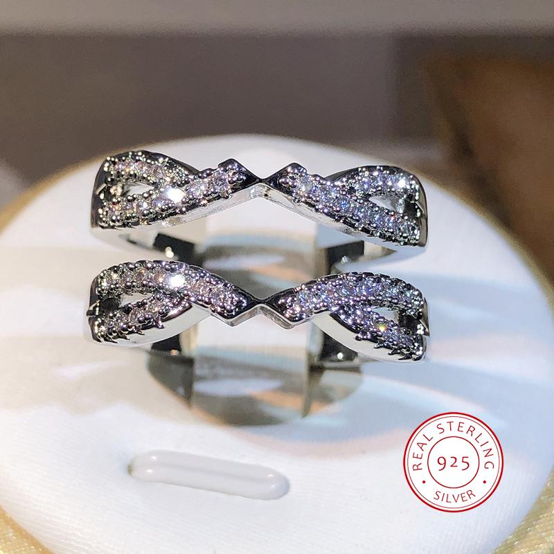 Copper Exquisite Geometric Zircon Double Row Ring Women's Jewelry New Interwoven Winding Ring Party Birthday Gift