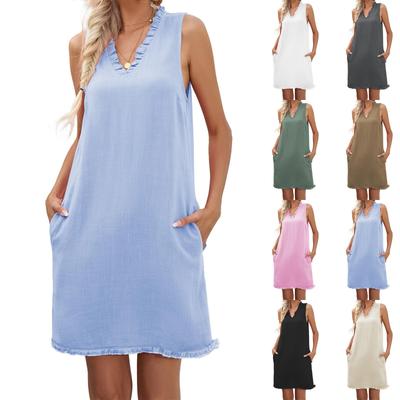 Women's Summer Dress Casual Sleeveless Ruffle Deep V Tie Pocket Dress