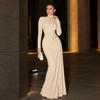 Elegante Dames Maxi Jurk met Lange Mouwen – Hoge Hals Gerimpelde Bodycon Avondjurk met Vloerlange Zeemeermin Silhouet