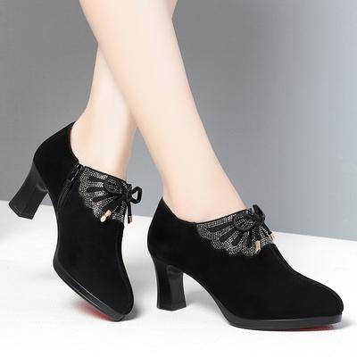 Fashion Deep Mouth Block Heels Platform Shoes Women Pumps 2024 Pointed Toe Soft Leather High Heel Office Black Elegant Bow Tie Retro