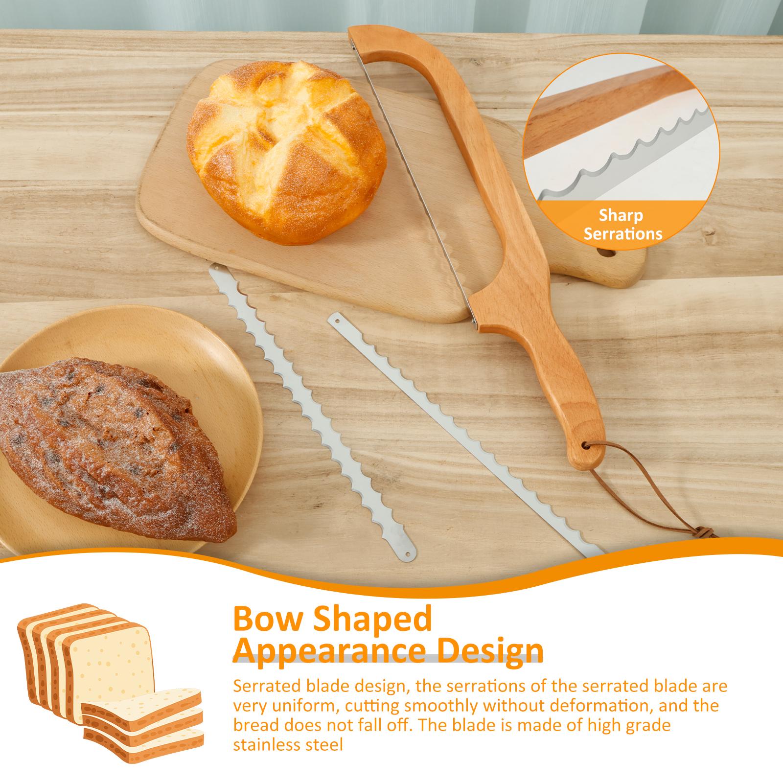 Bread Bow Knife Wood Handle with 2 Extra Stainless Steel Serrated Blades Multipurpose Bread Saw Slicer Home Bakery Baking Tools