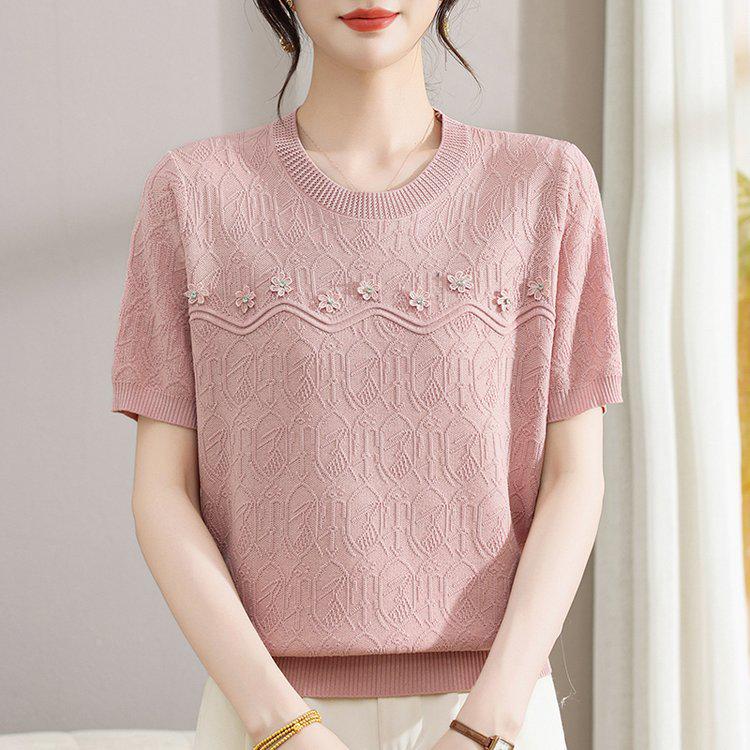 

Stylish Casual Women s Round Neck Short Sleeve Knit Pullover Top 3XL (recommended 140-160 lbs) розовый