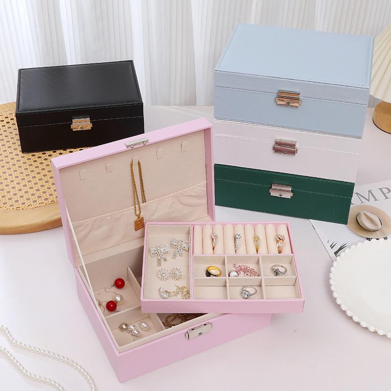 Desktop Jewelry Box Large Capacity Double-layered Jewelry Storage Box Ring Necklace Earrings Organizer Box Leather Material