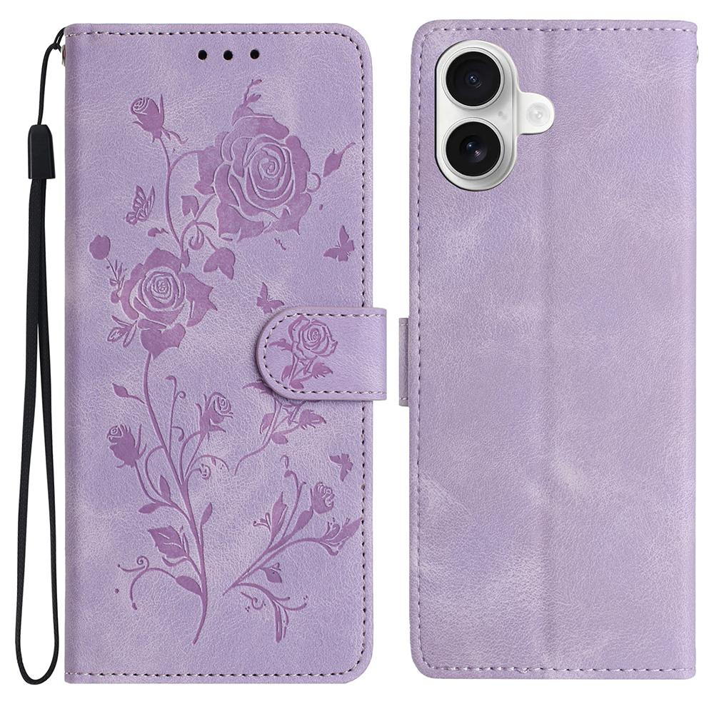 For iPhone 16 Plus Wallet Case Rose Pattern Imprinted Leather Flip Stand Phone Cover