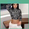 Trend Stylish Womens Dragon Fashion Printed Crop Tops Long Sleeve High Collar Slim Tshirt Skinny Tees For Spring Autumn
