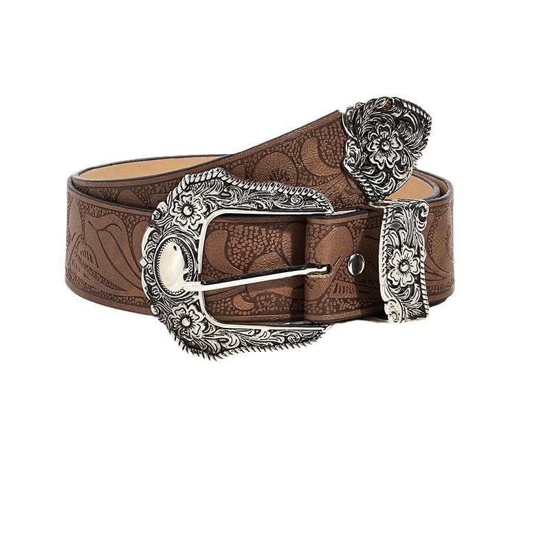 Unique Design Retro Carved Flower Pattern Waist Belt With Needle Buckle