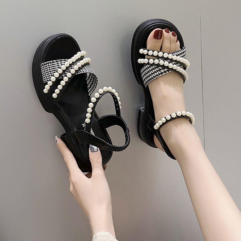 Ladies Shoes Pearl Platform Roman Style Women's Sandals Vintage Comfort Low Price Vip Luxury Summer Asian Size Chic and Elegant