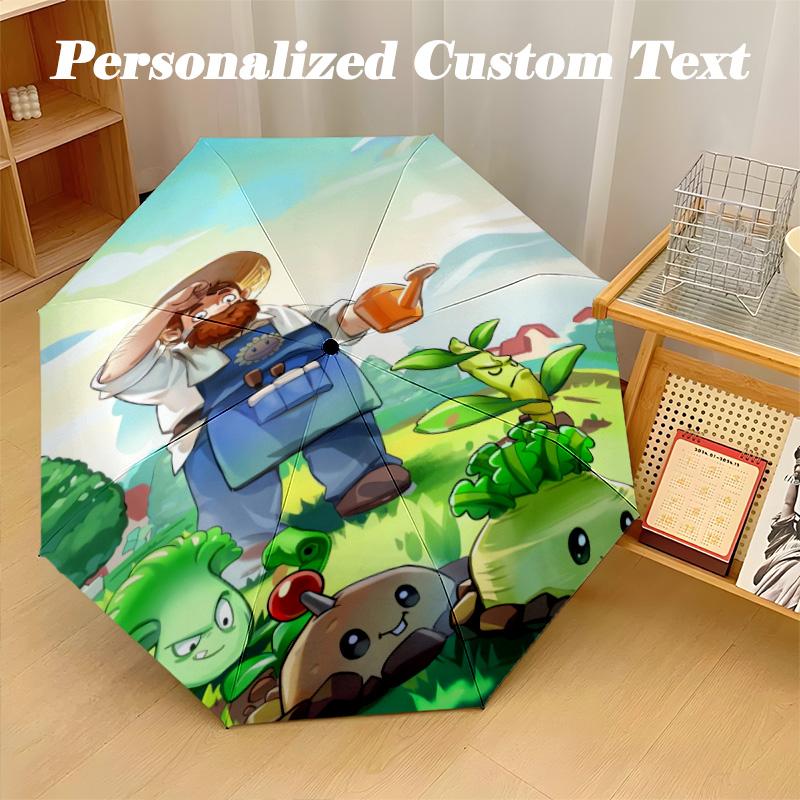 Windproof Folding Umbrella, 8‑Rib Auto Open Close Plants vs. Zombies Umbrella for Rain Sun Protection