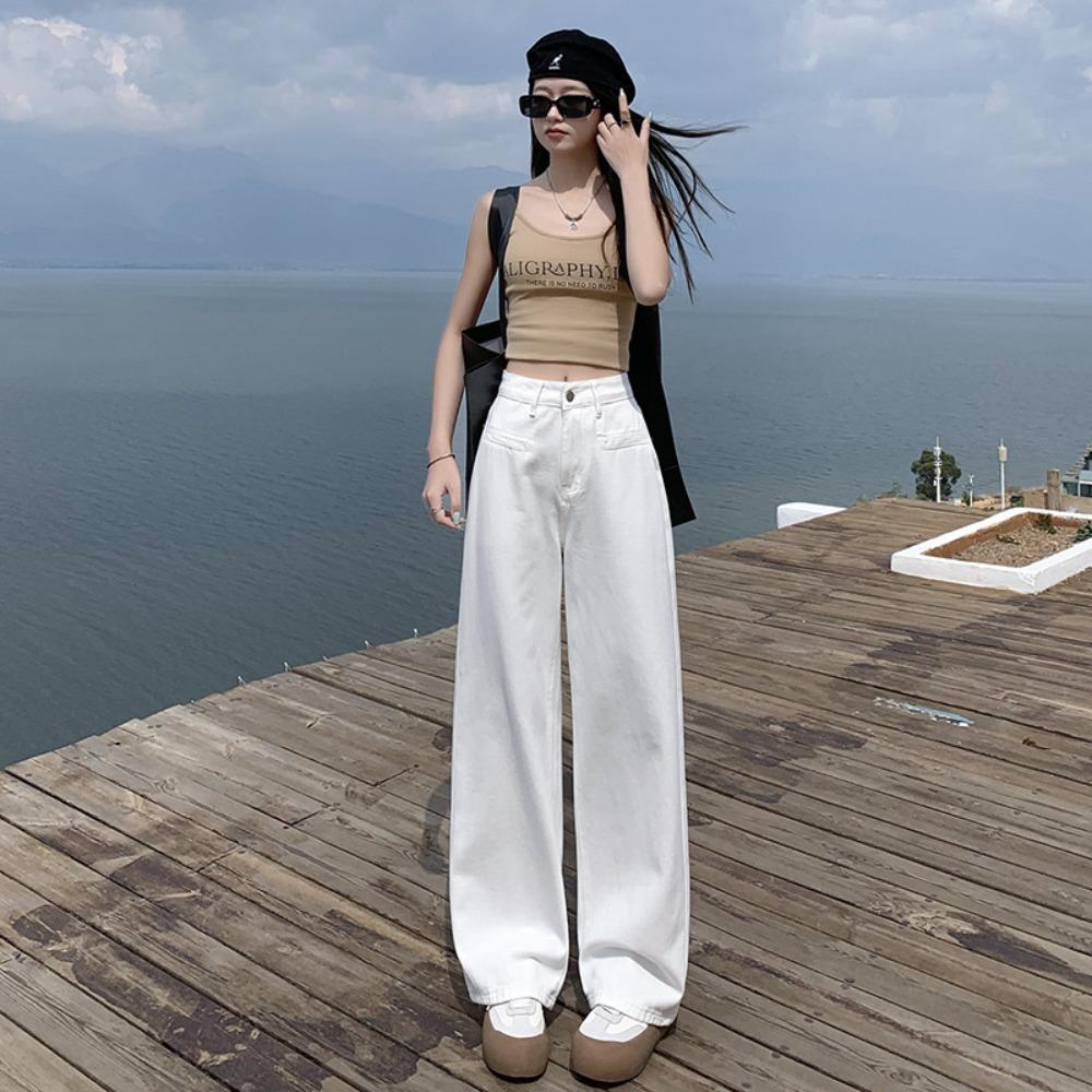 Women's High Waist Wide Leg Jeans Loose Fit Solid White Straight Leg Trousers Fall Drape Regular Washed Denim Pants For Petite Women