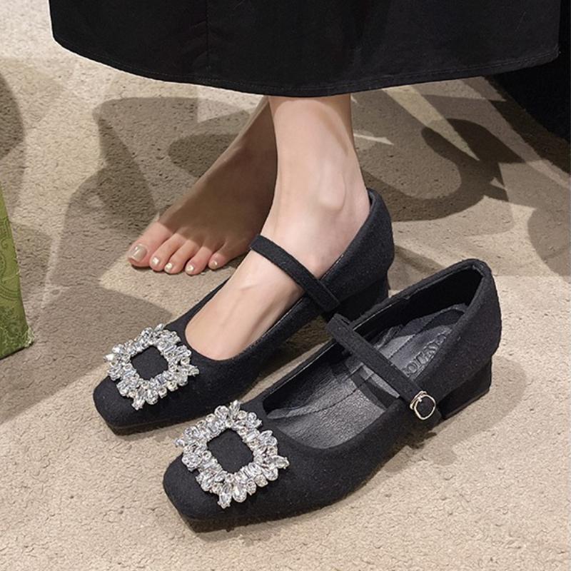 

2025Кроссовки Женские Фетровые Туфли Джейнс Квадратный Носок Балетки Новая Мода Ремешок с Пряжкой Женская Обувь Весна Осень Zapatillas Mujer 35 чёрный