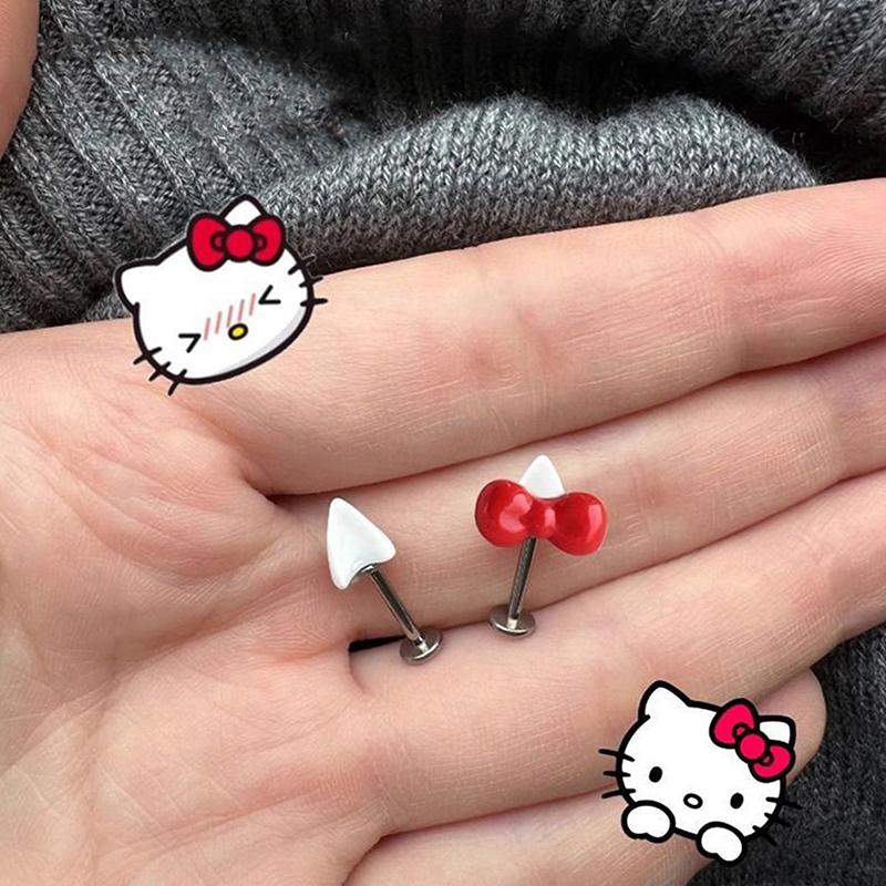 2Pcs Bow Cat Ears Shaped Ear Bone Nail Cute Earrings For Women Puncture Jewelry Accessories Gift